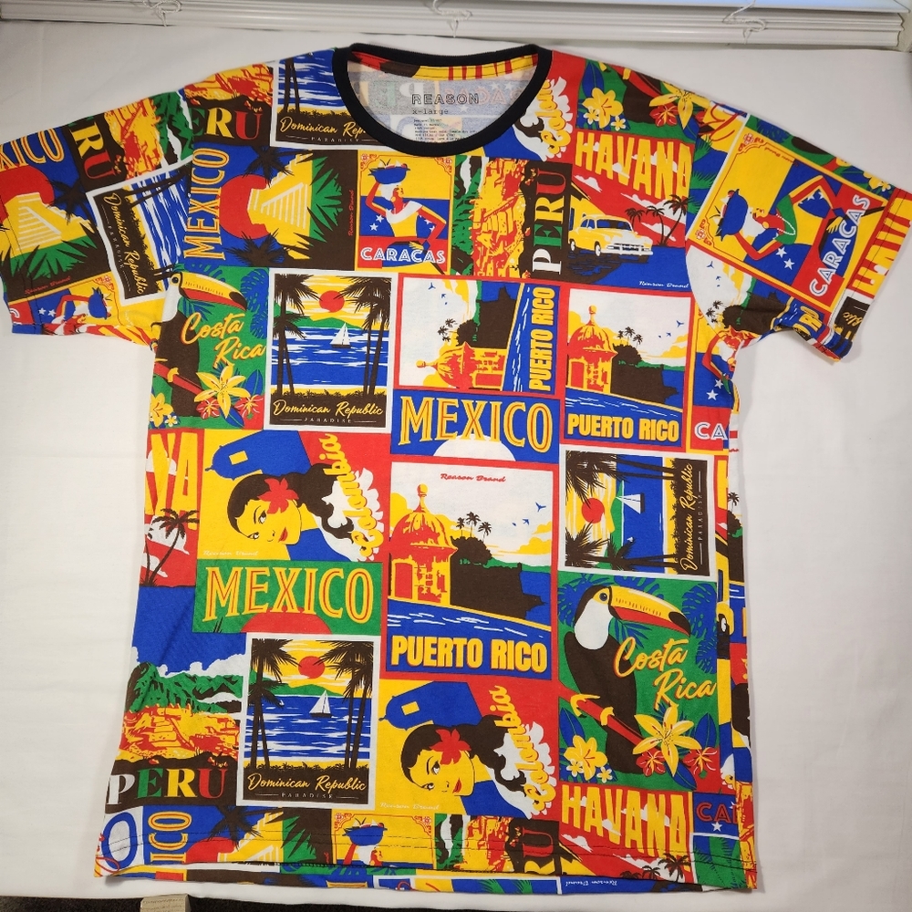 Men's t-shirt all over print travel themes of countries and Islands.